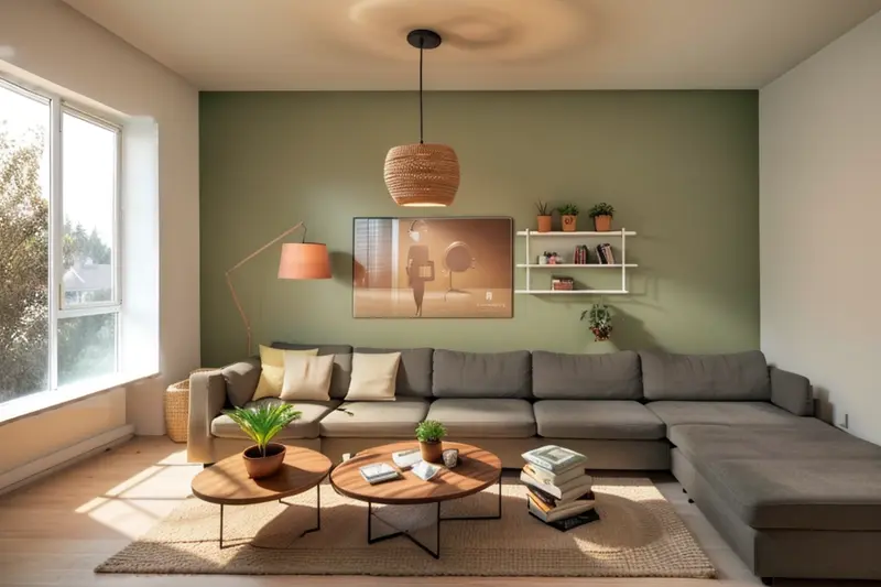 A cozy modern living room virtually staged from an empty room with AInteriors virtual staging tool.