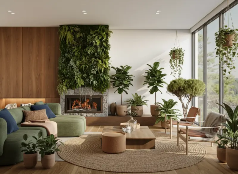 A room designed in the Biophilic style using AInteriors interior design app.