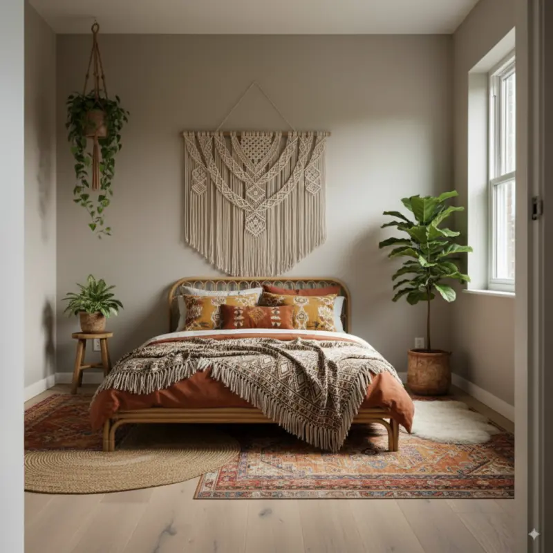 A room designed in the Bohemian style using AInteriors interior design app.