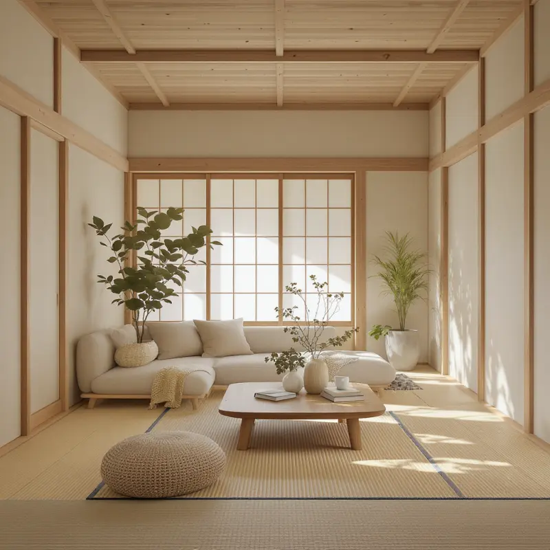 A room designed in the Japanese style using AInteriors interior design app.