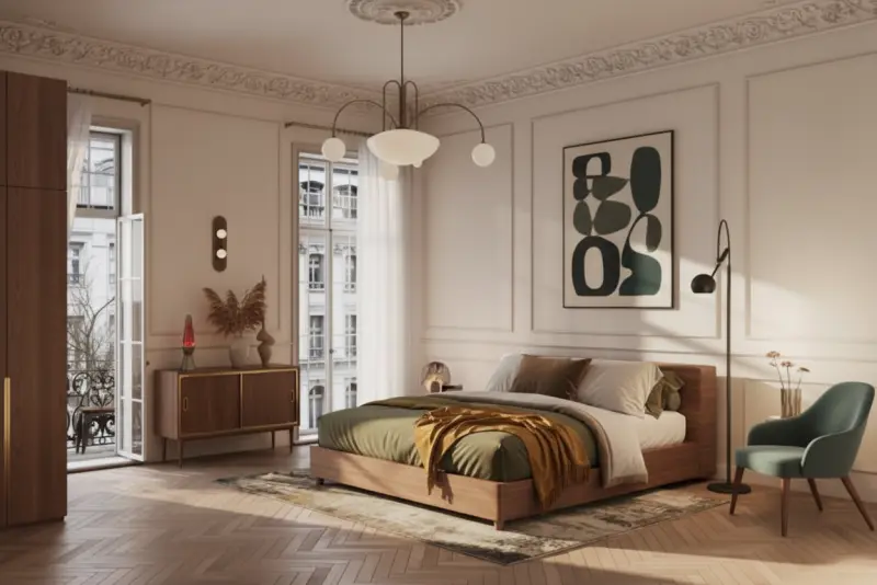 A room designed in the Mid-Century Modern style using AInteriors interior design app.