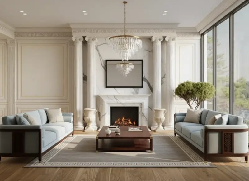 A room designed in the Neoclassic style using AInteriors interior design app.