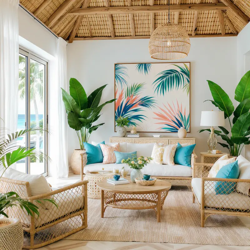 A room designed in the Tropical style using AInteriors interior design app.
